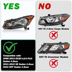 Headlight Assembly Pair Compatible with 2008-2012 Honda Accord Sedan 4-Door LX L