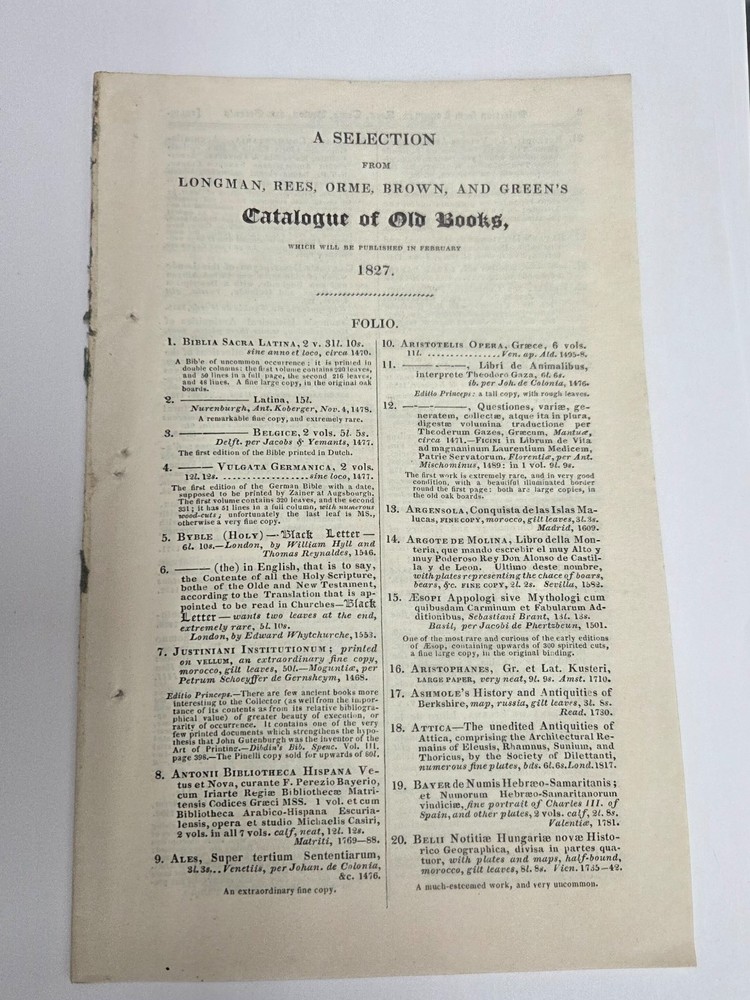 Rare February 1827 Longman Book & Publications Catalog 16 Pages London