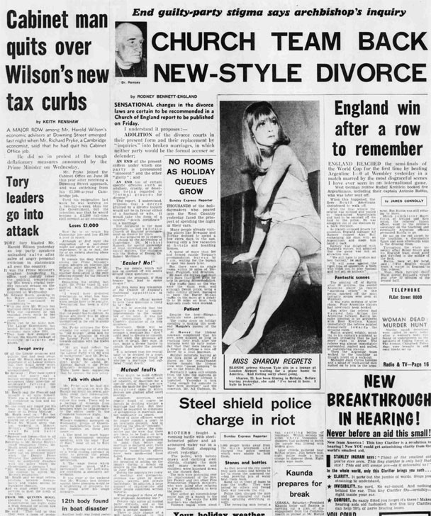 OLD LONDON NEWSPAPER 1966 SHARON TATE LONDON AIRPORT RARE FRONT PAGE PHOTO