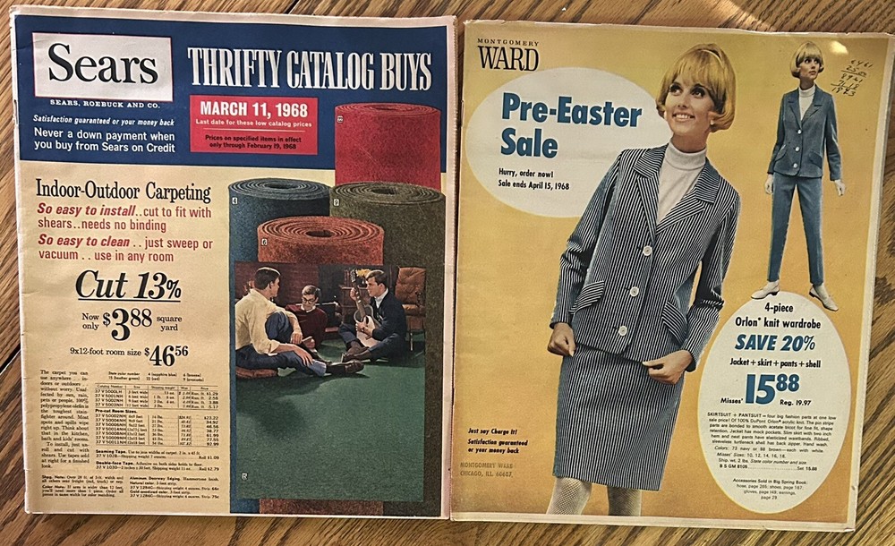 2 CATALOGS FLYERS MONTGOMERY WARD 71 PAGES SEARS 23 PAGES 1968 LOT 2 FASHION