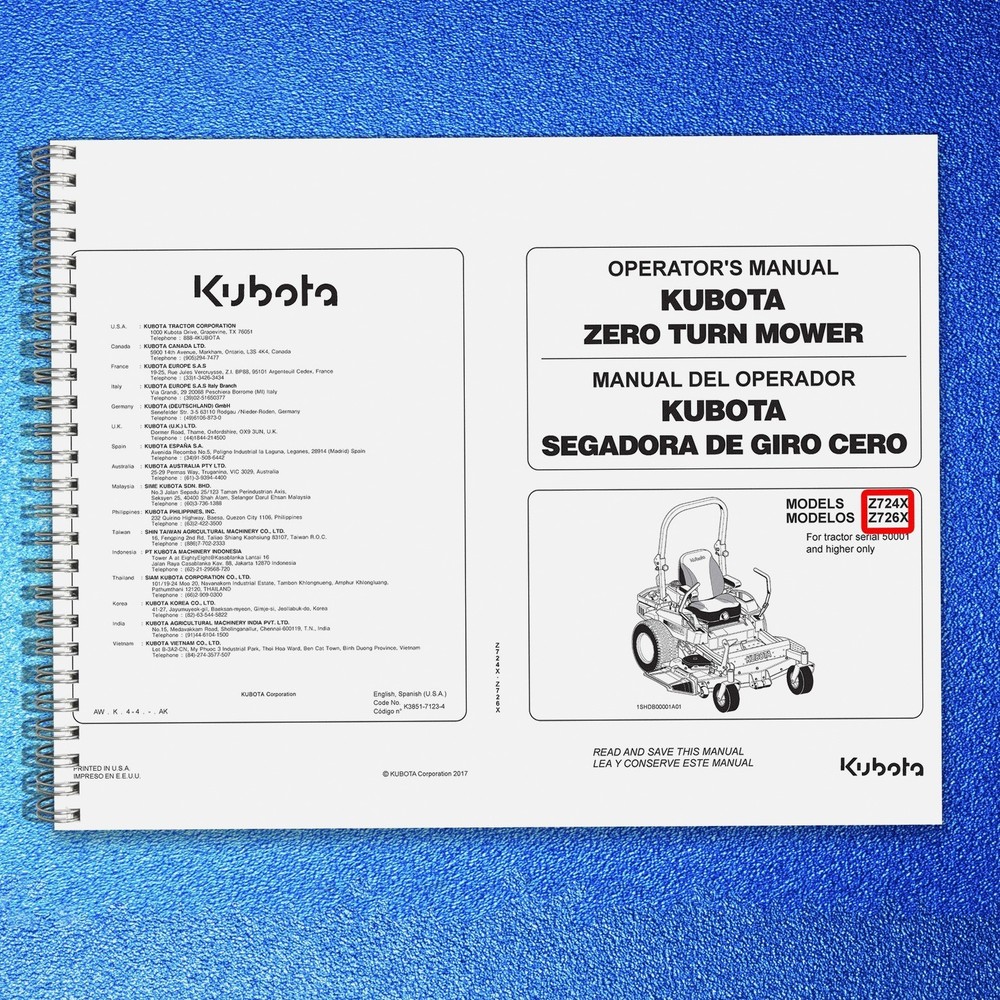 KUBOTA Z724X Z726X Zero Turn Operators Manual, BIND – FRONT & BACK – XL FOLDOUTS