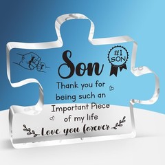Stylish Tabletop Decoration – Engraved Puzzle Block for Son (3.9×3.3 in)