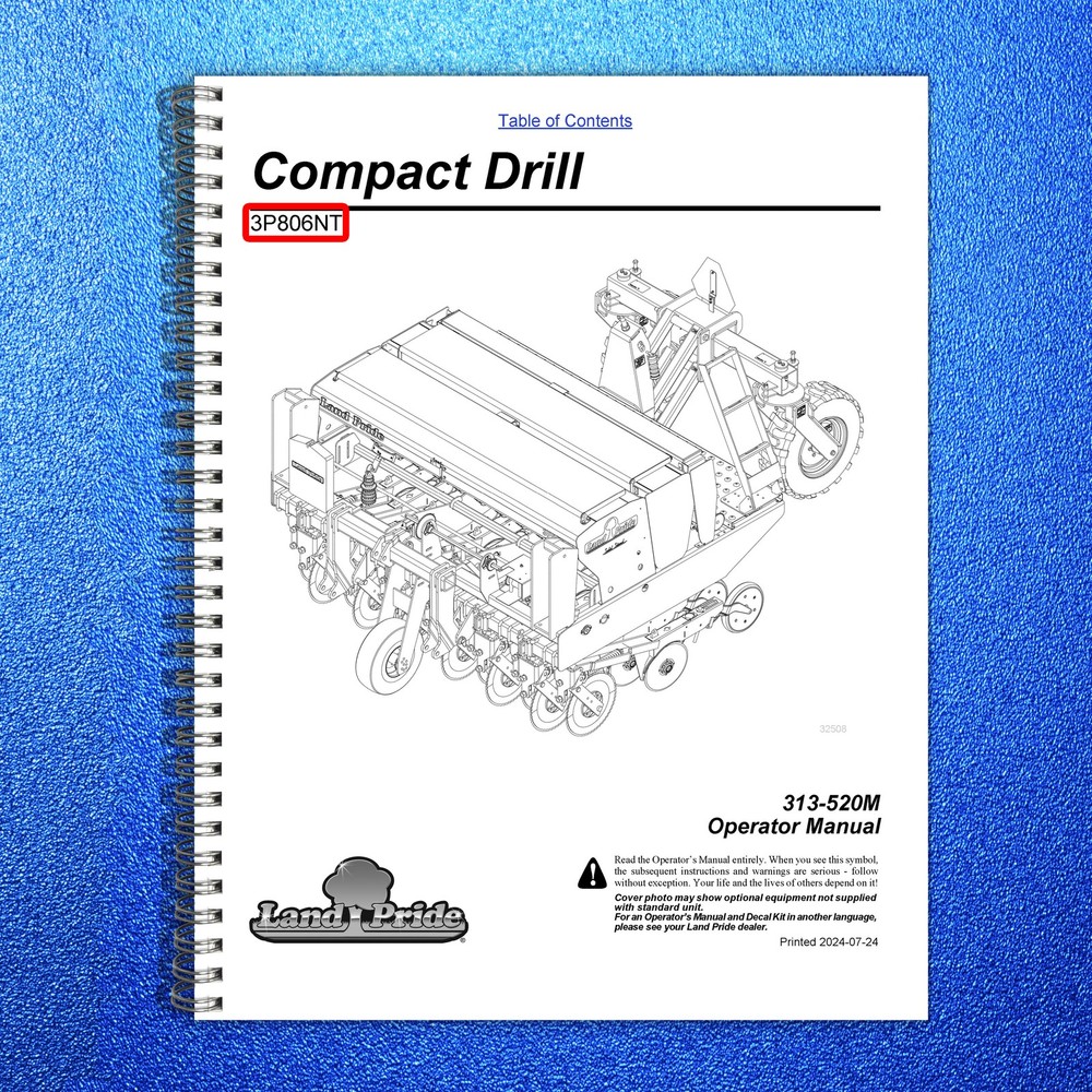 LAND PRIDE 3P806NT Compact Drills Operators Manual 2024 – WIRE BOUND – COVERS