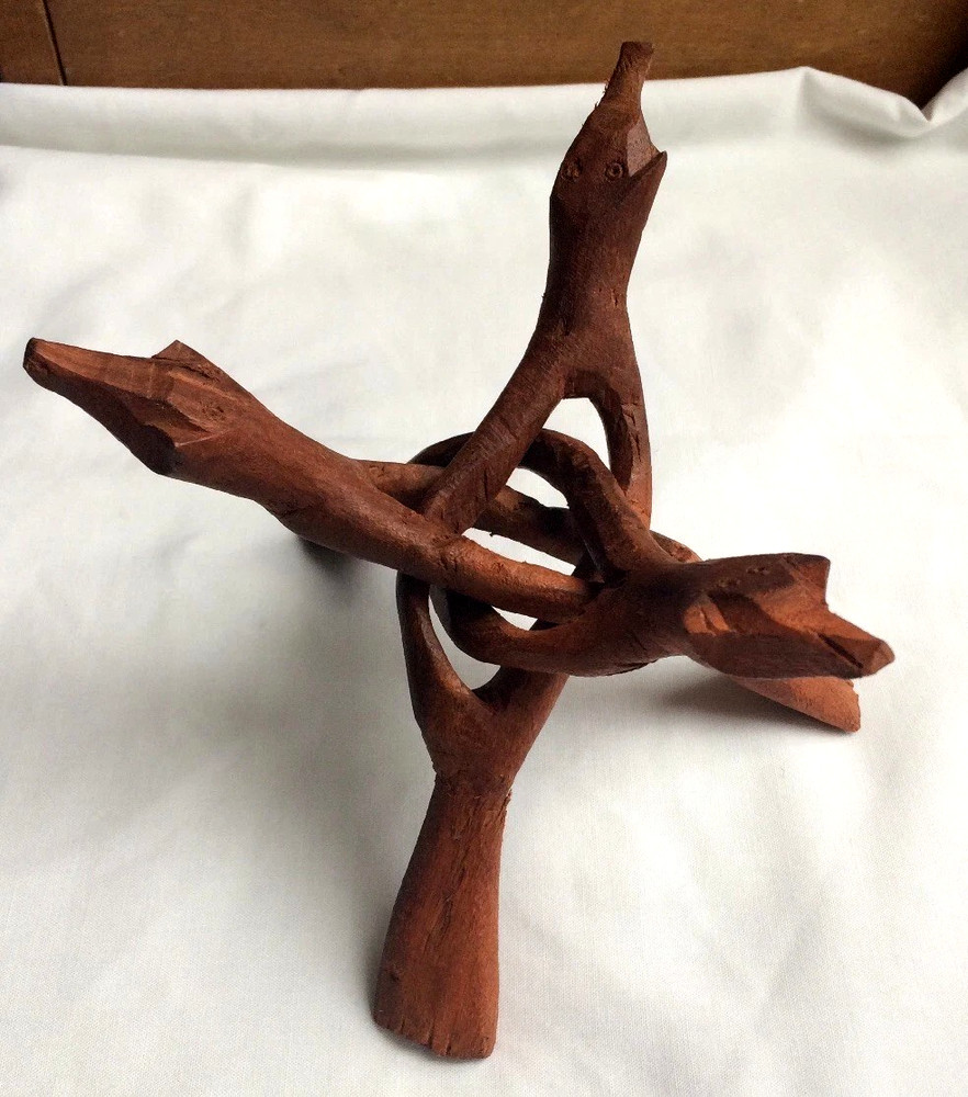 Hand Carved One Piece of WOOD Folding Tripod STAND each 6.5in Snake Head & Bowl
