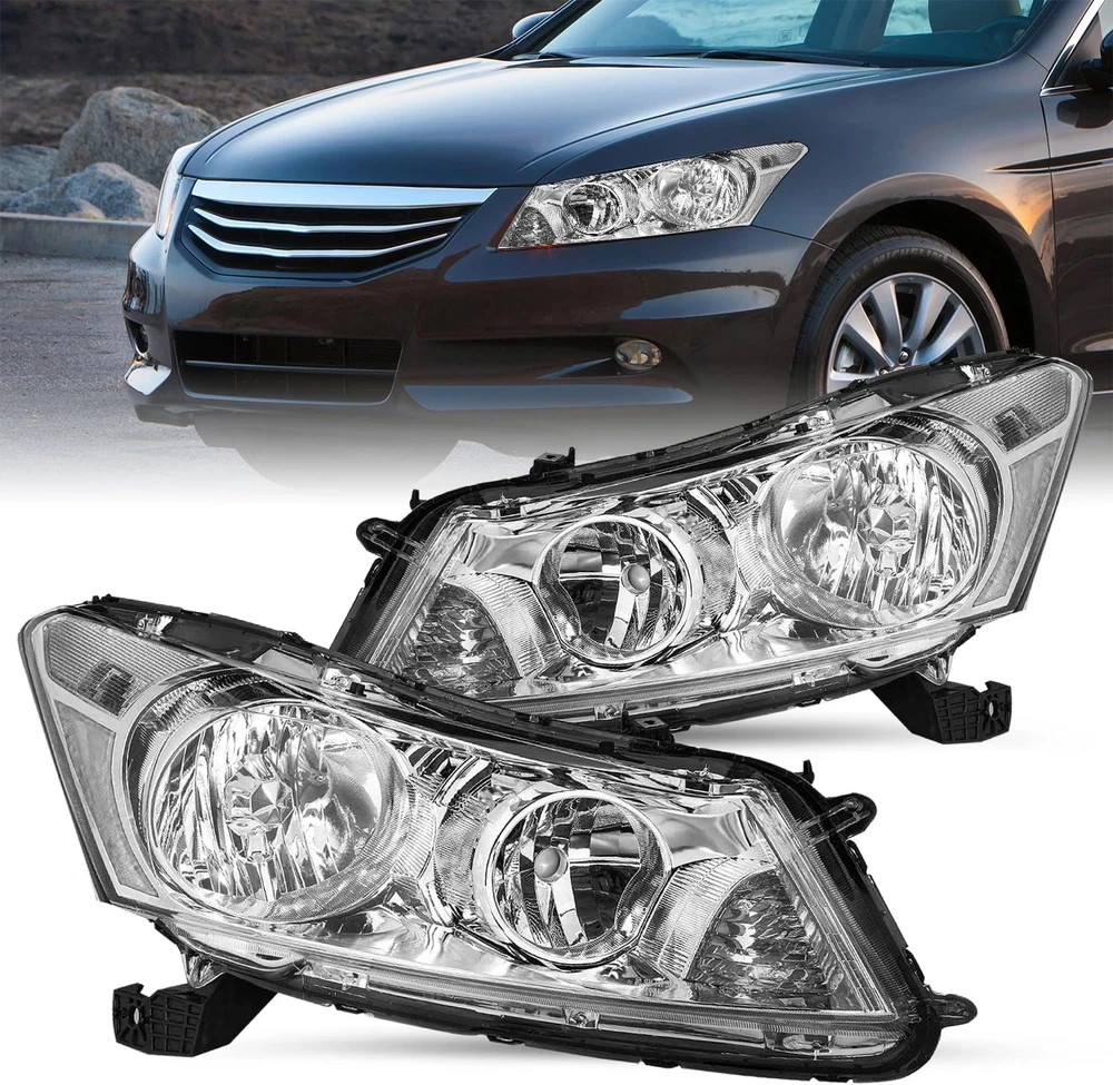 Headlight Fit for 2008-2012 Honda Accord Sedan 4-Door Halogen Headlamp (Chrome H