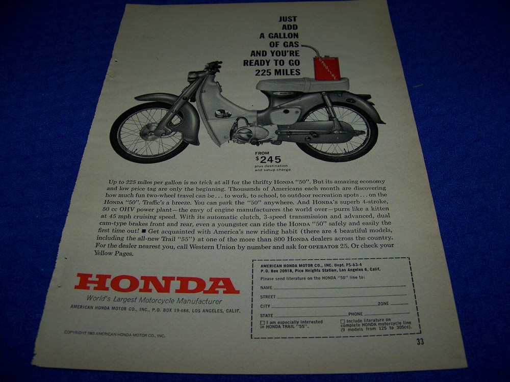 1963 HONDA 50 “JUST ADD A GALLON OF GAS”..1-PAGE ORGINAL SALES AD (329BB)