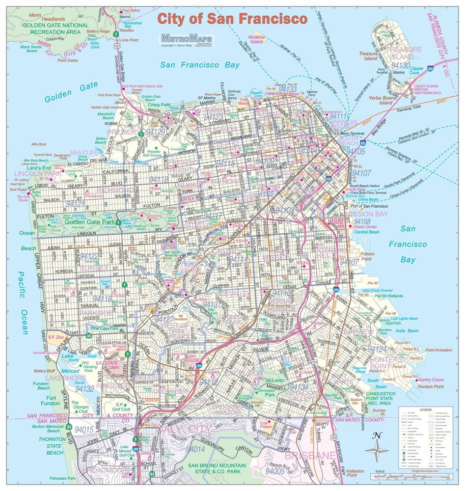 City of San Francisco Detailed Arterial Wall Map w/Zip Codes *2 Big Sizes*
