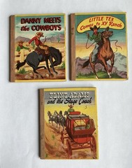 THREE 1949 VINTAGE “SWAP-IT” BOOKS MINI ILLUSTRATED STORIES COWBOYS 4.25” x 3.5”