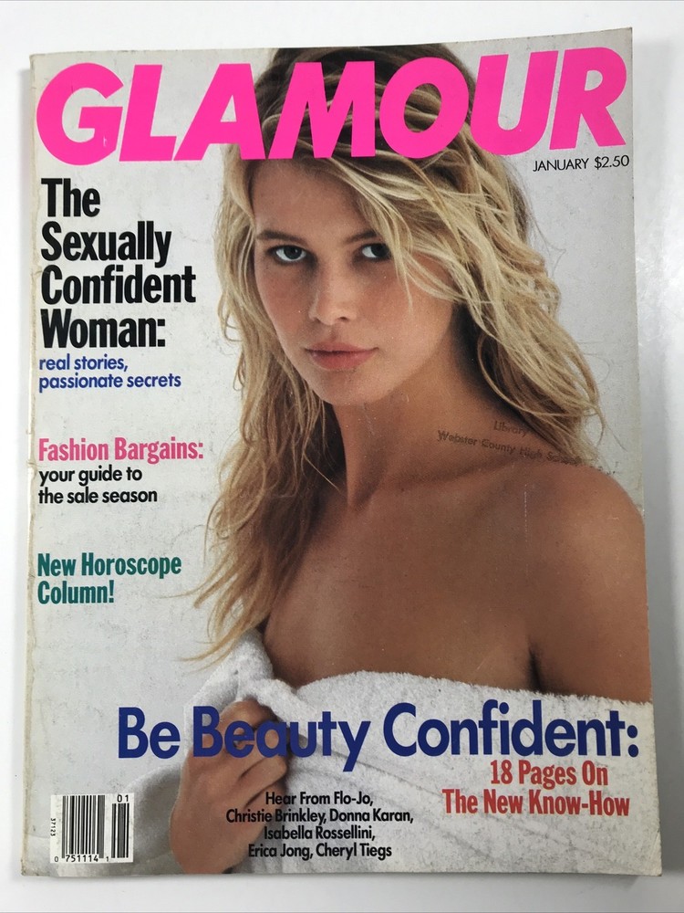GLAMOUR magazine January 1990-Fashion makeup hair Confidence, Claudia Schiffer