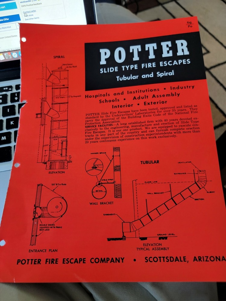 1964 Potter Slide Type Fire Escape 4 Page Brochure Catalog Scottsdale Arizona