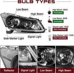 Headlight Fit for 2008-2012 Honda Accord Sedan 4-Door OEM Halogen Headlamp W/Bul