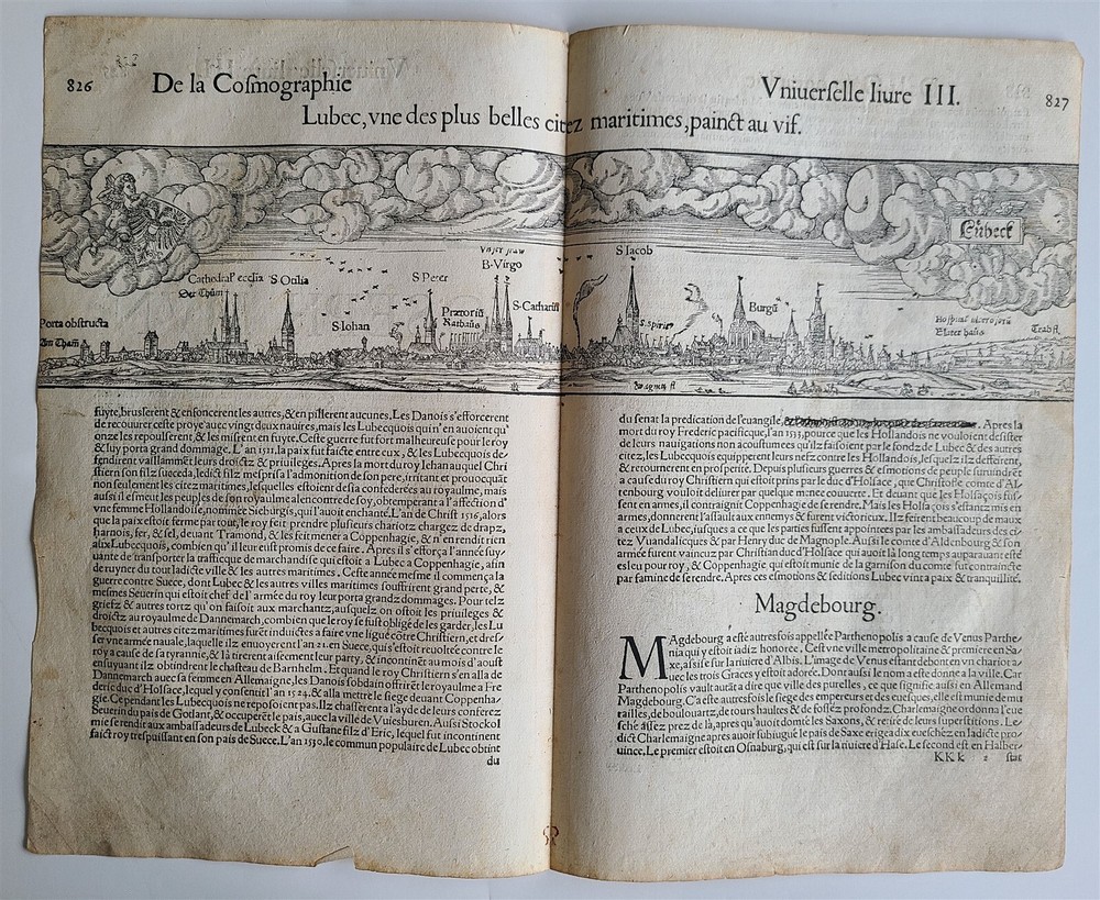 1575 LUBECK GERMANY view LEAF – BELLEFOREST ED. of MUNSTER COSMOGRAPHY antique