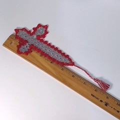 Handmade Cross Bookmark 8.5″ Lovingly Crochet in the USA Red & Gray