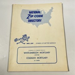 national zip code directory mr. zip white emerson mortuary coleman CA vintage