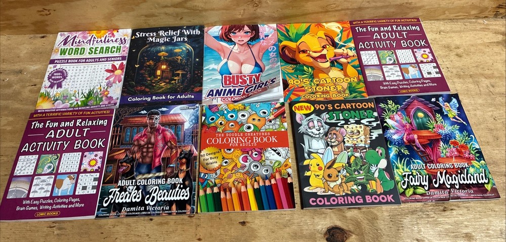 Lot of 10 RANDOM ADULT COLORING & ACTIVITY BOOKS Summer Cute Spooky Comfy Cozy