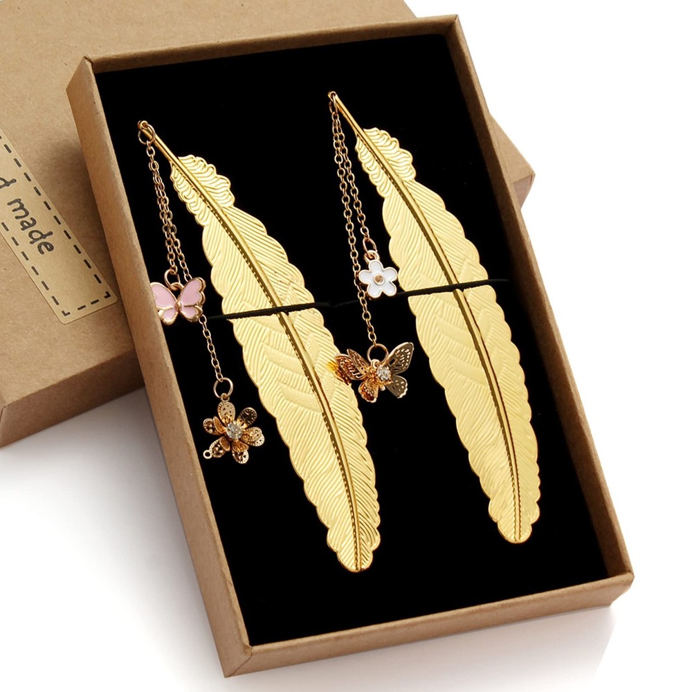 2 Pieces Gold Feather Bookmark, SoyKay Metal Bookmarks 4.5in x 0.9in,