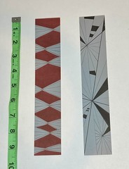 2 hand drawn geometric pattern bookmarks, roughly 2 in x 9.5 in