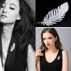 Rhinestone Feather Brooches Pin for Women Men Fashion 65mm x 25mm, Blue,Clear
