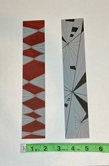 2 hand drawn geometric pattern bookmarks, roughly 2 in x 9.5 in