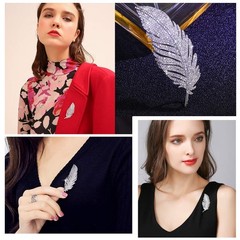 Rhinestone Feather Brooches Pin for Women Men Fashion 65mm x 25mm, Blue,Clear