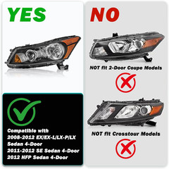 Headlight Assembly Pair Compatible with 2008-2012 Honda Accord Sedan 4-Door LX L