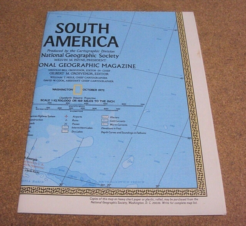 Vintage National Geographic October 1972 Map South America