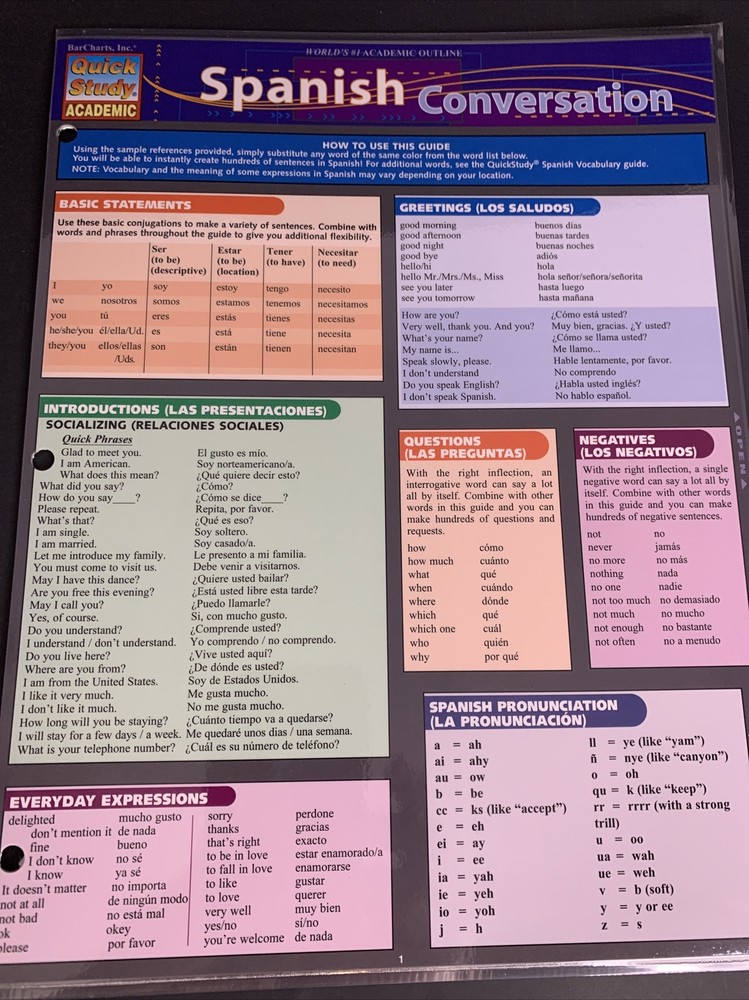 Spanish Conversation Quick Study Academic Quick Reference Guide (Poster) 3 Hole