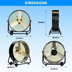 36 in. Industrial Drum Fan, 13600 CFM High Velocity Warehouse Fan, 3-Speed, Blac