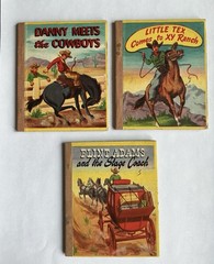 THREE 1949 VINTAGE “SWAP-IT” BOOKS MINI ILLUSTRATED STORIES COWBOYS 4.25” x 3.5”