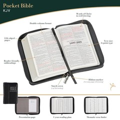 KJV Holy Bible,Mini Pocket Bible–Zippered Black Faux Leather Bible w/Ribbon Ma..