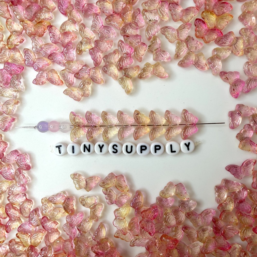 15MM Pink Yellow Butterfly Speckled Glass Butterfly Beads