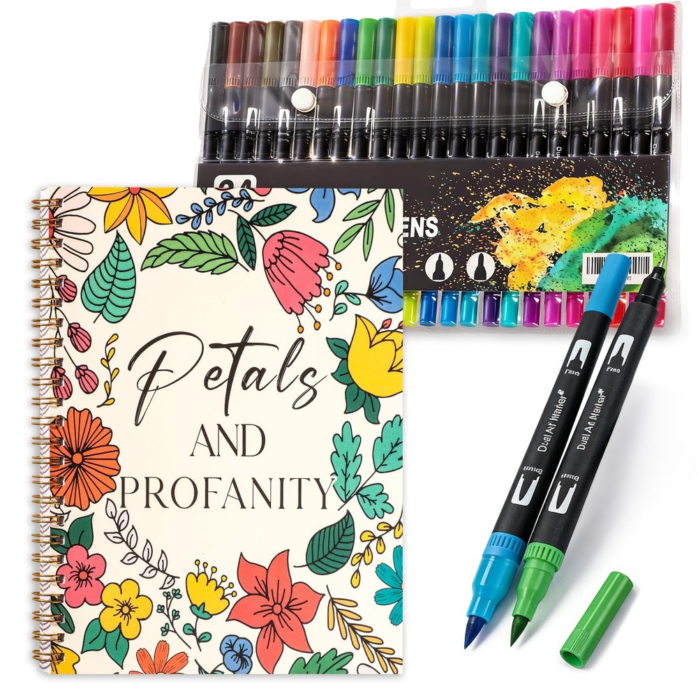 Adult Coloring Book Set, 7 x 8.2 in Spiral Bound, 24 Markers Stress Relief | 32