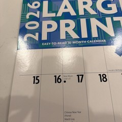 Large Print 2026 12 X 24 Inch (Hanging) Monthly Square Wall Calendar Matte Paper