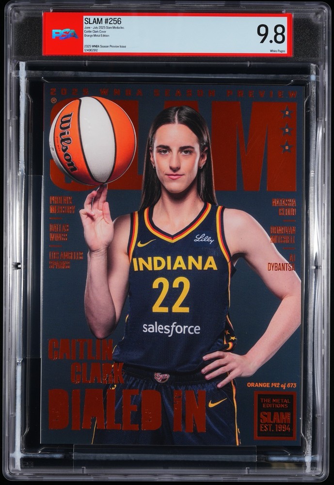 PSA 9.8 CAITLIN CLARK “DIALED IN” ORANGE METAL EDITION SLAM MAGAZINE 142/673