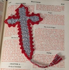 Handmade Cross Bookmark 8.5″ Lovingly Crochet in the USA Red & Gray