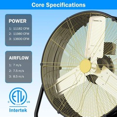 36 in. Industrial Drum Fan, 13600 CFM High Velocity Warehouse Fan, 3-Speed, Blac