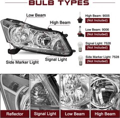 Headlight Fit for 2008-2012 Honda Accord Sedan 4-Door Halogen Headlamp (Chrome H