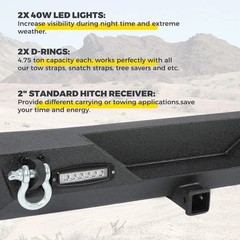 Rear Bumper Compatible with 1987-2006 Jeep Wrangler TJ YJ with LED Lights 2″ Hit