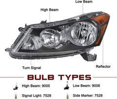 Headlight Assembly for 2008-2012 Honda Accord Sedan 4-Door Halogen Headlamp W/Bu