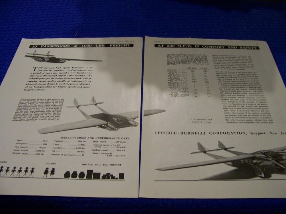 1931 BURNELLI HIGH SPEED TRANSPORT “10-PASSENGERS”.. 2-PAGE SALES AD (568RR)