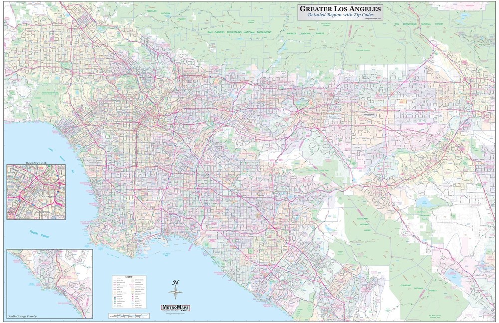 Greater Los Angeles Detailed Region Wall Map (44″x67″) w/Zip Codes