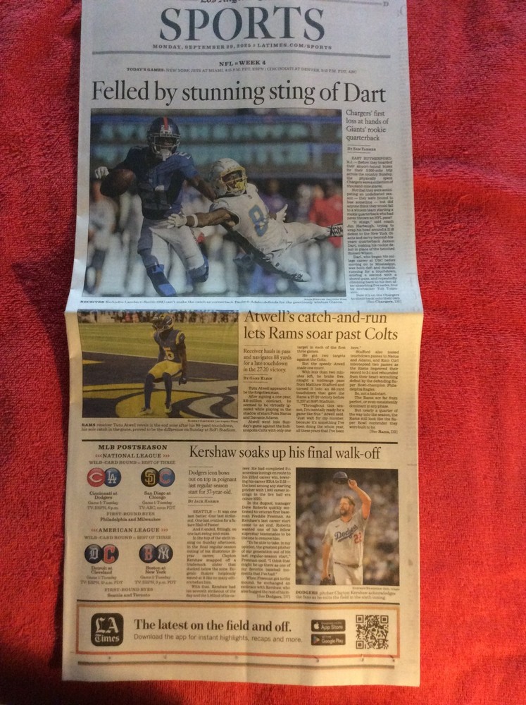 LA TIMES SPORTS SECTION SEPTEMBER 29 2025 DODGERS CLAYTON KERSHAW