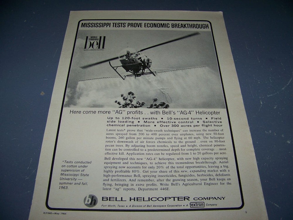 1964 BELL AG-4 HLEICOPTER “HERE COME MORE “AG” PROFITS”..1-PAGE SALES AD..(584Y)