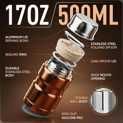 Stainless Steel Thermo For Hot Food 17OZ with Folding Spoon, Vacuum Insulated Fo